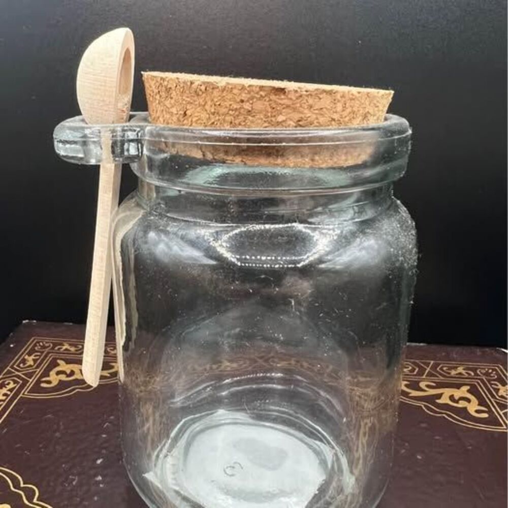 Salt or Spices Cellar Glass Jar Cork Lid Wooden Spoon Crafts Storage Container